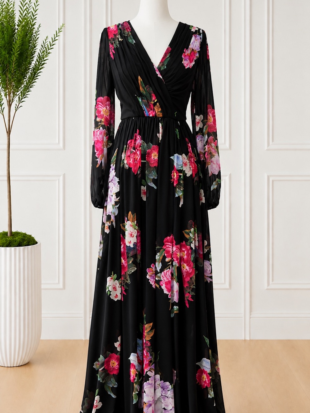 Designer Adrianna Papell Black Floral Maxi Dress Long Sleeve Surplice Gown NWOT - Picture 2 of 6